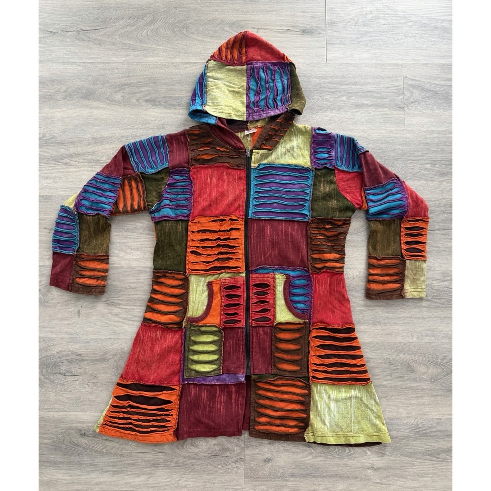 Women's Patchwork Multicolor Boho Hippie Grunge Long Sweater Distressed Sz Large
